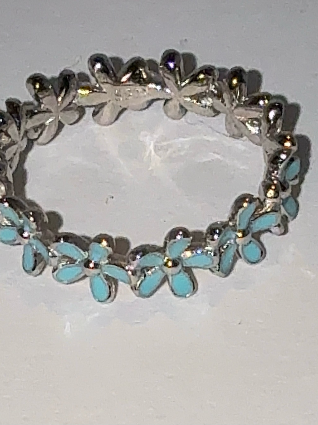 Silver Flower Band Ring With Turquoise Enamel